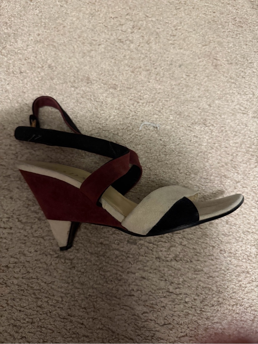 Prada Tricolor Suede Slingback Heels in Burgundy, Cream & Black